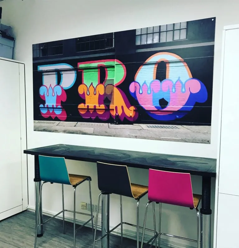 Café interior wall mural installation