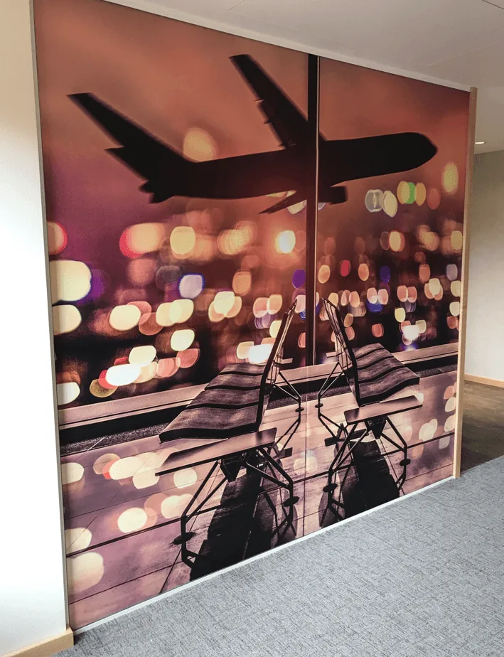 Immersive Printed Wall Graphic for Heathrow Airport-Themed Workspace